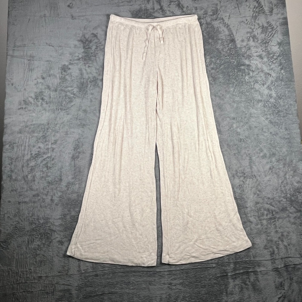 Auden Lounge Pants Womens Medium Beige Ribbed Knit Wide Leg Sleepwear Drawstring